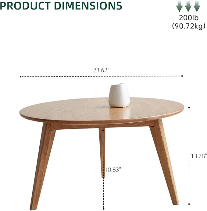 100% Solid Oak Wood Mini Coffee Table, Round Living Room Table Side Table w/Solid Wood Legs, Walnut Mid Century Sturdy Tables for Bedroom Balcony Living Room (23.62" D x 13.78" H)-HomvellaHome