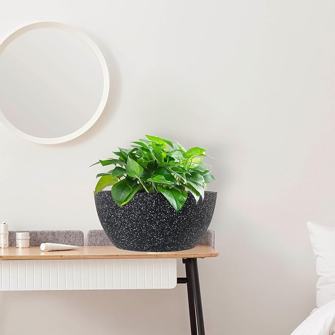 13 inch Large Hanging Planters Plant Pots for Outdoor Indoor Plants with Drainage Holes and Chain, 2 Pack Round Hanging Flower Pots for Garden Home Porch Decor, Speckled Black-HomvellaHome