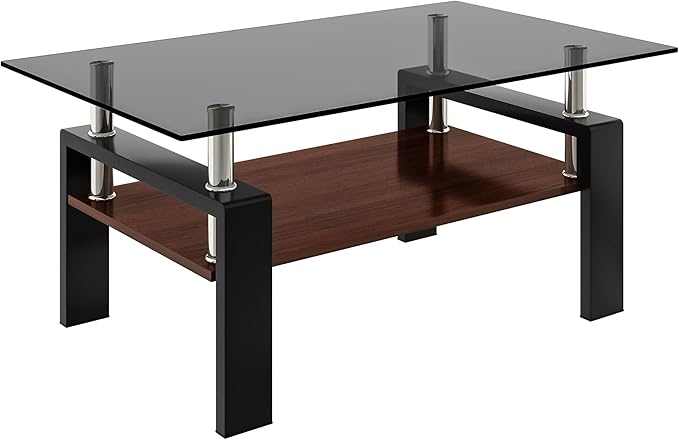 Glass Coffee Table Rectangle Living Room Center Table, with Gray Tempered Glass Tabletop and Brown MDF Layer,for Living Room and Office, Gray+Brown-HomvellaHome