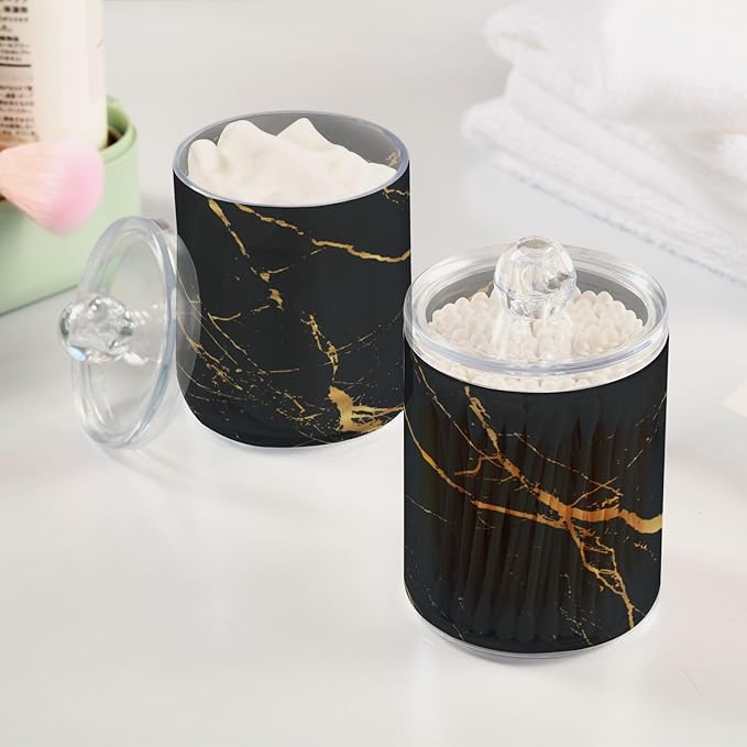 2 Pack Qtip Holder Organizer Dispenser Gold Black Marble Texture Bathroom Storage Canister Cotton Ball Holder Container for Cotton Pads/Swabs/Floss-HomvellaHome