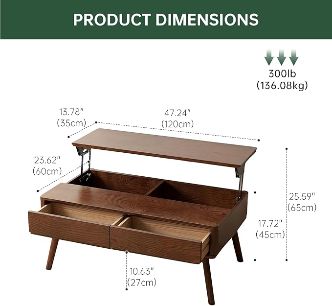 100% Solid Wood Lift Top Coffee Table for Living Room, Mid Century Modern Tables with Drawers and Large Storage, Oak Wood Coffee Tables for Small Spaces (Oak Walnut Color, 47.24"W x 23.62"D x 25.59"H)-HomvellaHome