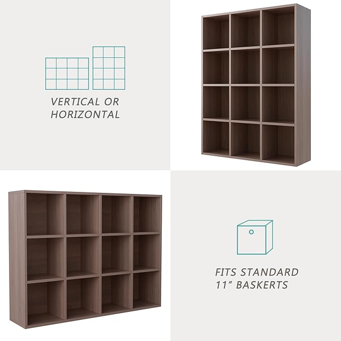 12-Cube Storage Shelf Bookcase - Wooden 3-Tier Floor Standing Open Bookshelf for Home and Office, Cuby Orgainzer, Walnut-HomvellaHome