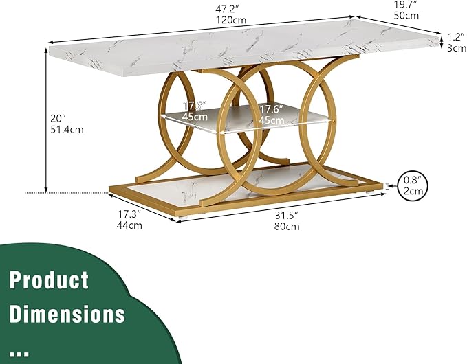 GiftGo Rustic Coffee Table with Storage Modern 3 Tier Center Living Room Table Faux Marble Wooden Rectangle Cocktail Tea Table for Office Bedroom Elegant Full Moon Design (White Gold, L-47)-HomvellaHome