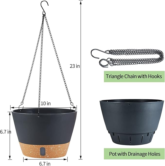 2 Pack Hanging Planters for Indoor Outdoor Plants, 10 Inch Hanging Flower Pot Basket with Drainage Hole with Removable Tray&Hooks Self Watering Plant Pot for Hanging Plants, Dark Grey-HomvellaHome
