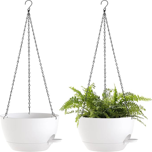 12 Inch Hanging Baskets 2 PC with Chains, Self-Watering Hanging Planters for Indoor Outdoor Plants, Plastic Hanging Flower Pots,White-HomvellaHome