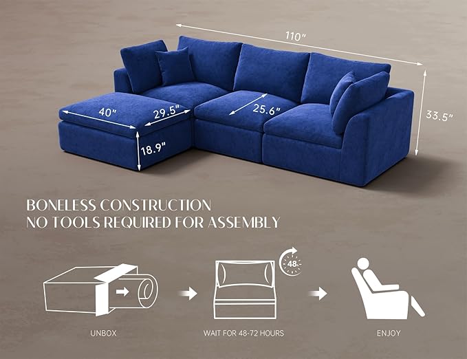 110" Cloud Sectional Couches for Living Room, Boneless L-Shape Couch with Ottoman, 3 Seater Modular Sectional Sofa, Blue-HomvellaHome