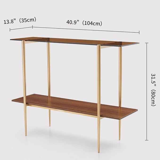 Glass Console Table for Living Room, Foyer & Entrance, 2-Tiers Mid-Century Modern Sofa Table with Amber Glass Top, Walnut Finish Wood Shelf and Gold Finish Frame-HomvellaHome
