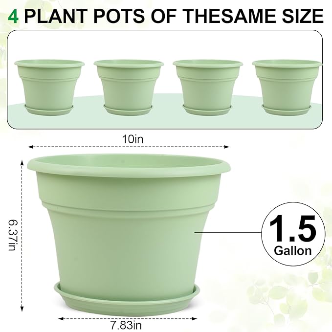 10 Inch Plastic-Flower-Pot-for-Indoor-Plants, 4 Pack Large Outdoor Planter Pot with Drainage Holes & Saucers, Resin Decorative Garden Pots Planters-HomvellaHome