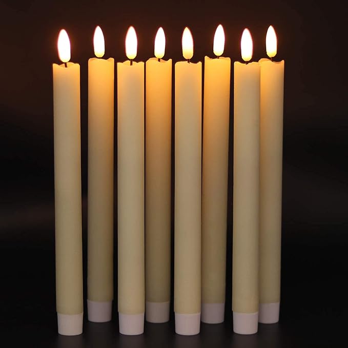 GenSwin Flameless Flickering Taper Candles with 2 Remote Controls and Timer, Real Wax 3D Wick Light Window Candles Battery Operated Pack of 8, Christmas Home Wedding Decor(Ivory, 0.78 X 9.64 Inch)-HomvellaHome