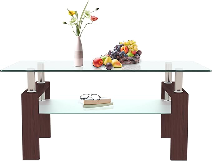 Glass Coffee Table for Living Room, Mordern Sofa Center Tables with Storage, Brown Metal Leg, Rectangle Tempered Glass Center Table Home Furniture-HomvellaHome