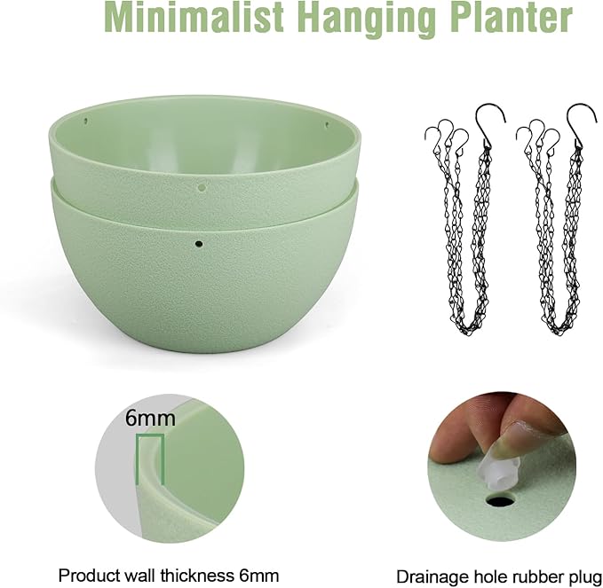 12 inch Large Hanging Planters Plant Pots for Indoor Outdoor Plants, 2 Pack Hanging Flower Pots with Drainage Holes and Chain for Garden Porch, Plastic Hanging Baskets for House Plants, Green-HomvellaHome