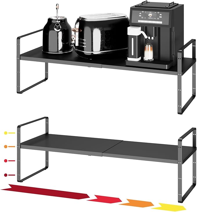 16.5~27.1" Expandable Shelf Organizer, 2Pack 10.2" Wide Stackable Cabinet Shelf Organizers, Black Metal Sturdy Kitchen Counter Storage for Countertop, Adjustable Height Spice Rack-HomvellaHome
