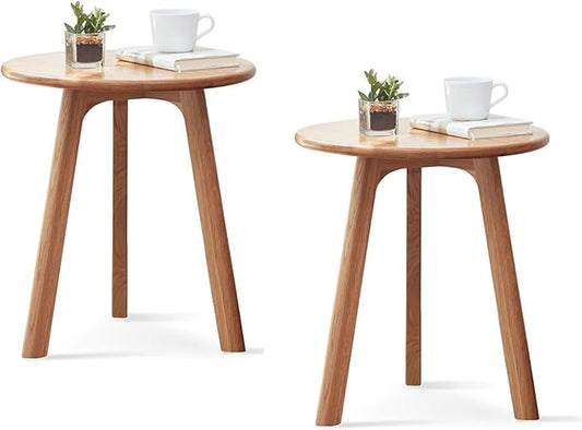 100% Solid Oak Round Side Table Set of 2, Small Bedside Table for Small Spaces, Living Room End Table with Stable Frame, Modern Nightstand for Bedroom Couch(Natural, 17.71" D x 19.68" H)-HomvellaHome