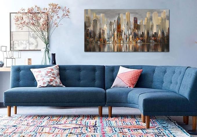 Framed Wall Art Large Cityscape New York Wall Decor Canvas Prints Abstract Brown City Theme Paintings Modern Canvas Wall Art for Living Room Bedroom Big Size 24x48 Framed-HomvellaHome