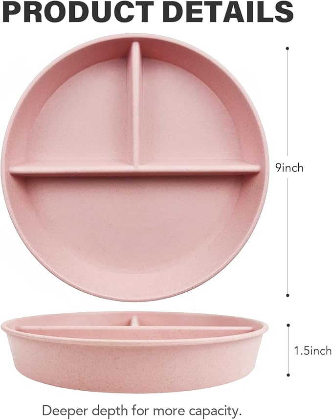 greenandlife 9 Inch 4PCS Divided Plates with Lids, Portion Control Plates for Kids Adults, Dishwasher Microwave Safe Compartment Plate, Unbreakable Lightweight Reusable Wheat Straw Plate Set, INS-HomvellaHome