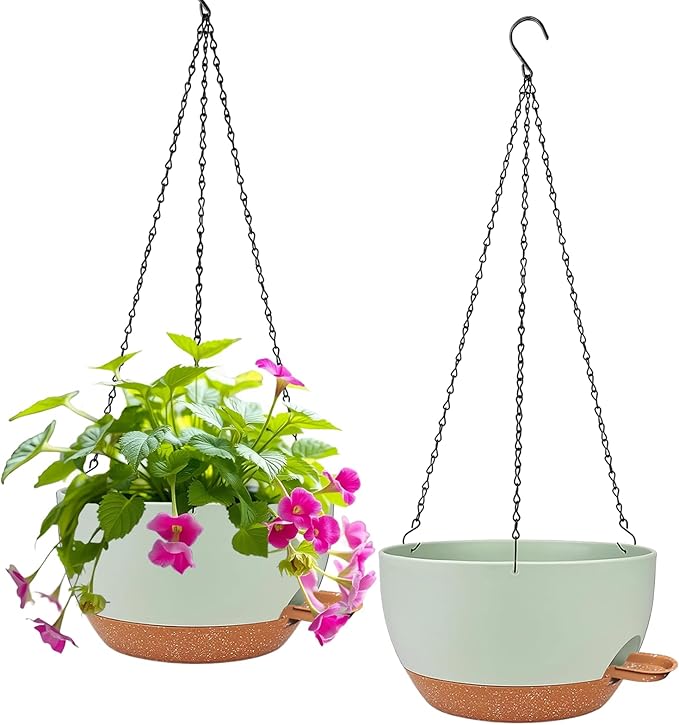 2 Pack Hanging Planters for Indoor Outdoor Plants, 12 Inch Self Watering Hanging Pot with Drainage Holes and Saucer, Plastic Plant Pots, Green Brown Flower Pots for Kitchen, Balcony, Garden-HomvellaHome