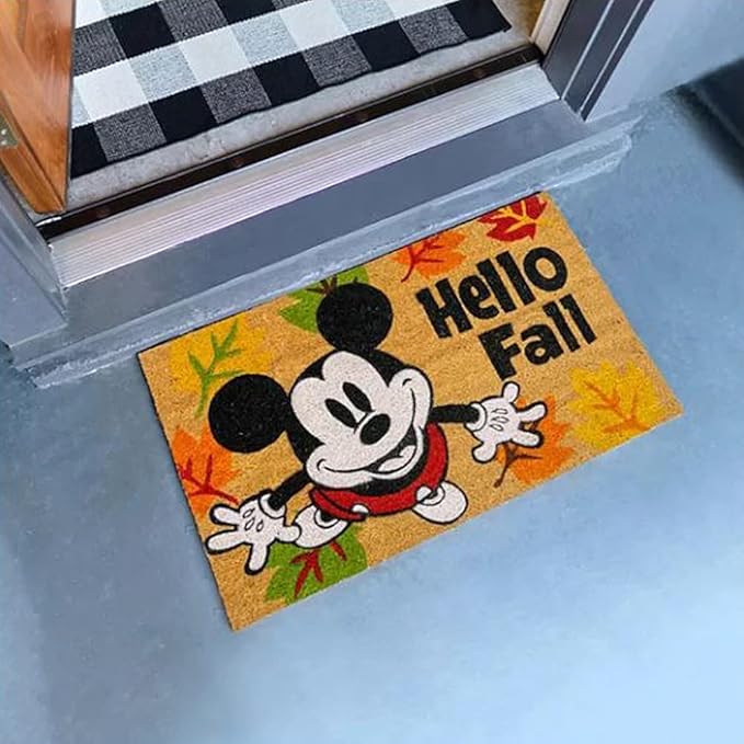 Gertmenian Disney Mouse Doormat Rug Front Door Coir Mat Welcome Home Indoor Outdoor Entryway Carpet, 2-Pack 20x34, Retro Mickey Hello Fall/Plaid-HomvellaHome