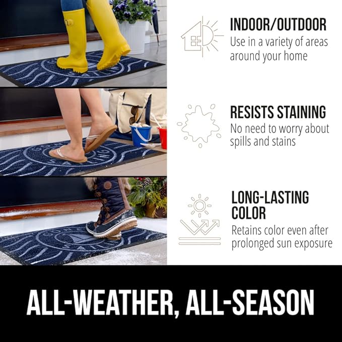 GORILLA GRIP 100% Waterproof All-Season WeatherMax Doormat 35x23, US Designed Natural Rubber, Stain and Fade Resistant, Low Profile Indoor Outdoor Door Mats, Easy Clean Patio Mat, Blue Sailing-HomvellaHome