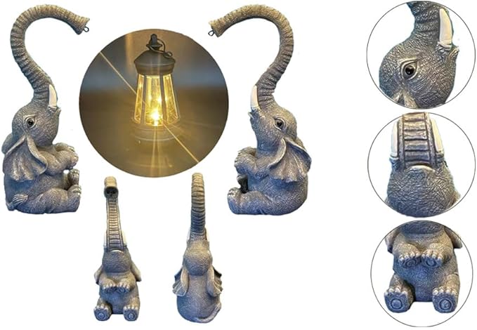 10.6 Inch Statue Elephant with Solar Outdoor Lights for Garden Decor，Lucky Present with Appeal for Birthdays(Man and Women and Family)，Unique Housewarming Presents and Yard Decor. (Gray)-HomvellaHome