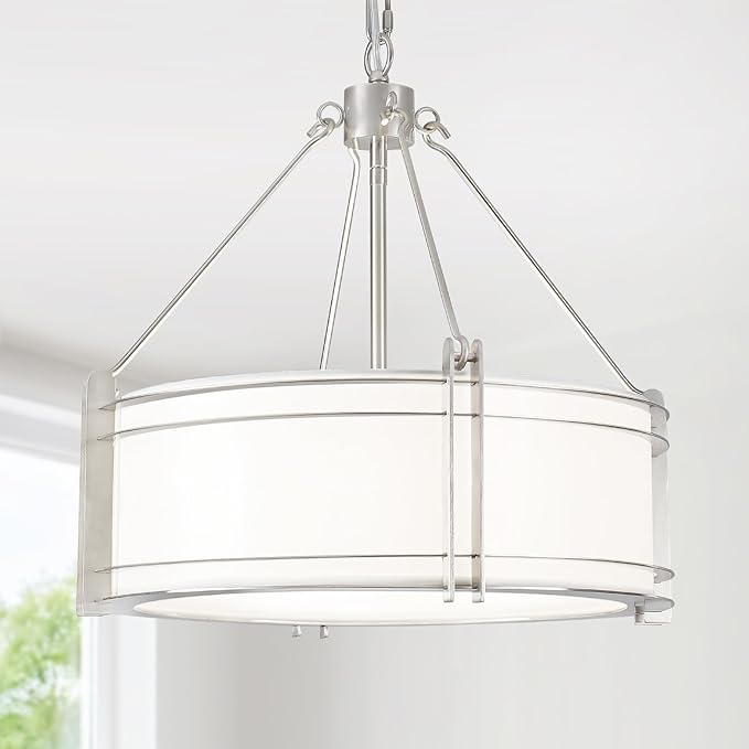 16.3''Drum Chandelier 3-Light Brushed Nickel Modern White Fabric Chandeliers Adjustable Drum Pendant Light for Dining Room Kitchen Island Hallway Living Bedroom-HomvellaHome