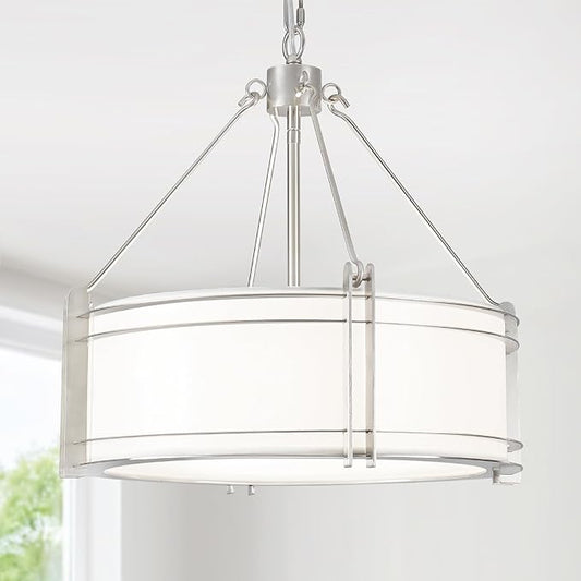 16.3''Drum Chandelier 3-Light Brushed Nickel Modern White Fabric Chandeliers Adjustable Drum Pendant Light for Dining Room Kitchen Island Hallway Living Bedroom-HomvellaHome