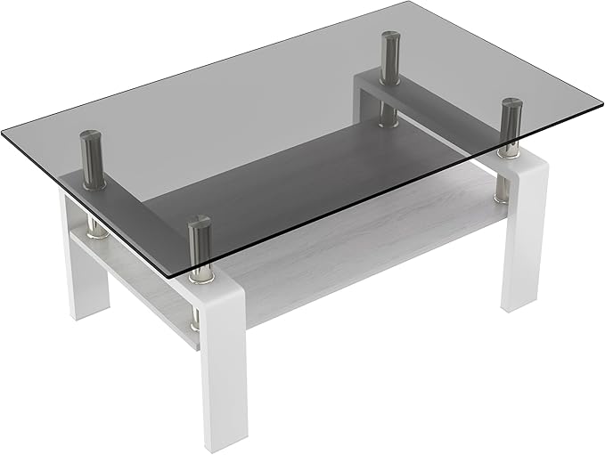 Glass Coffee Table Rectangle Living Room Center Table, with Gray Tempered Glass Tabletop and White MDF Layer,for Living Room and Office, Gray+White-HomvellaHome