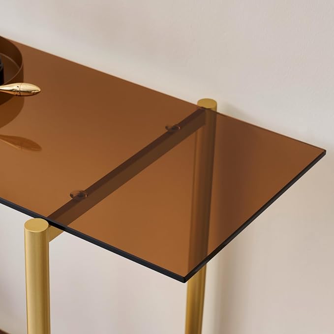 Glass Console Table for Living Room, Foyer & Entrance, 2-Tiers Mid-Century Modern Sofa Table with Amber Glass Top, Walnut Finish Wood Shelf and Gold Finish Frame-HomvellaHome