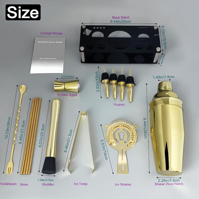 14-Piece Cocktail Shaker Set Bartender Kit with Black Stand, Bar Tool Set for Drink Mixing Bartending Kit Bar Sets Accessories: 750ml(25oz) Shaker, Jigger, Muddler, Cocktail Recipes (Gold)-HomvellaHome