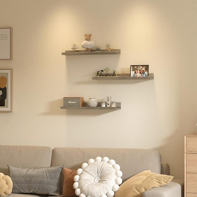 Giftgarden 24 Inch Grey Floating Shelves for Wall Mount, Gray Wood Wall Shelf Ledge for Bathroom Bedroom Living Room Kitchen Storage, Set of 3 Different Sizes-HomvellaHome