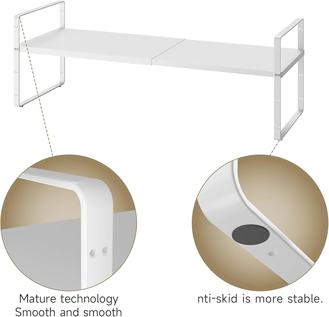 16.5~27.1" Expandable Shelf Organizer, 2Pack 8.1" Wide Stackable Cabinet Shelf Organizers, White Metal Sturdy Kitchen Counter Storage for Countertop, Adjustable Height Spice Rack-HomvellaHome