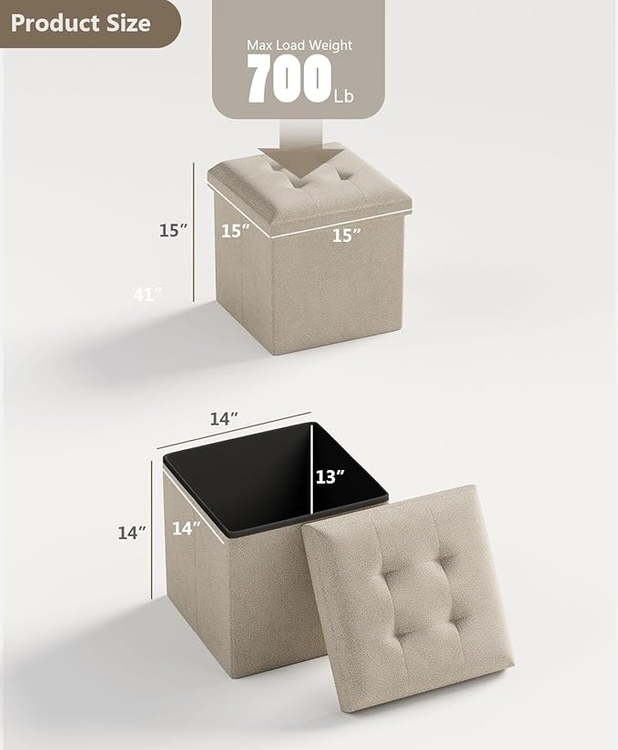 15 Inches Small Folding Storage Ottoman Cube, Storage Footrest, Foot Rest Stool, for Living Room, Bedroom, Dorm, Hallway, Entryway, Sandy Beige-HomvellaHome