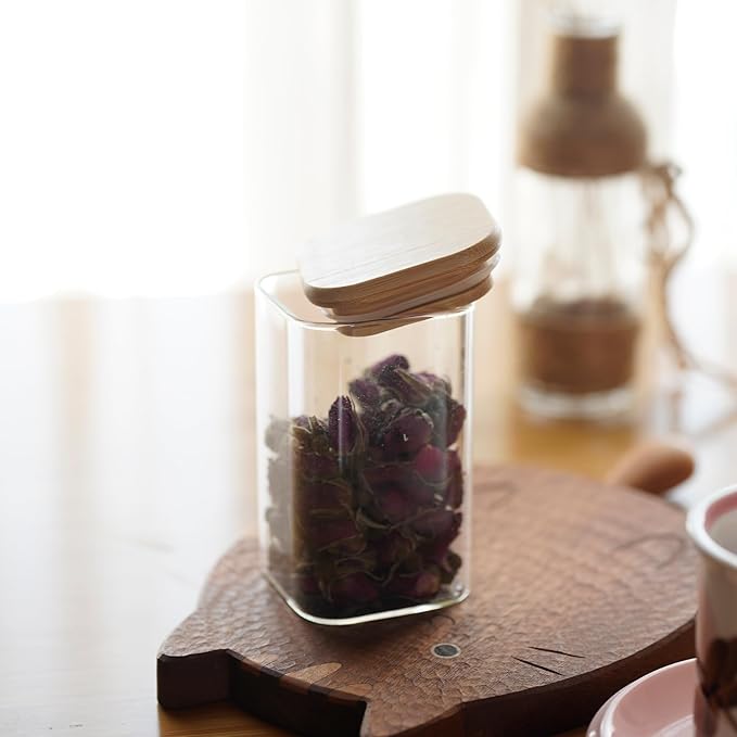 Glass Food Storage Jars Square 10oz, 12 Pack Glass Jars With Bamboo Lids, Kitchen Storage Containers For Spice, Candy, Cookie, Storage For Pantry Organizers-HomvellaHome