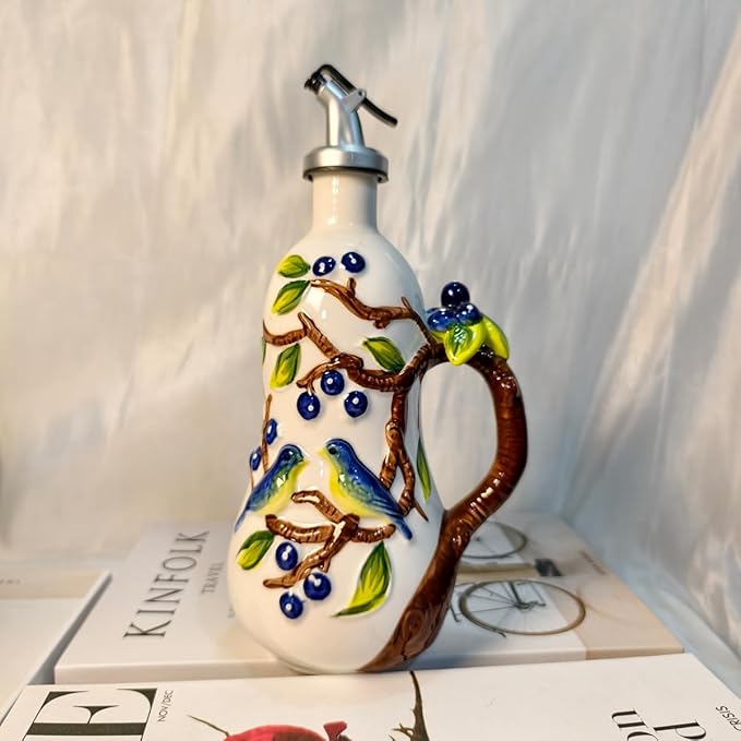 18 Oz Hand Painted Relief Ceramic Olive Oil Bottle Dispenser for Kitchen, Oil and Vinegar Bottle, Seasoning Bottle with Stainless Steel Nozzle, 540mL Oil Container with Handle for Cooking, Light Proof-HomvellaHome