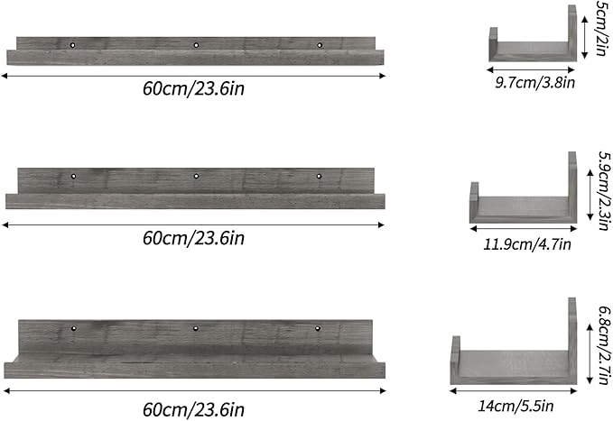 Giftgarden 24 Inch Grey Floating Shelves for Wall Mount, Gray Wood Wall Shelf Ledge for Bathroom Bedroom Living Room Kitchen Storage, Set of 3 Different Sizes-HomvellaHome