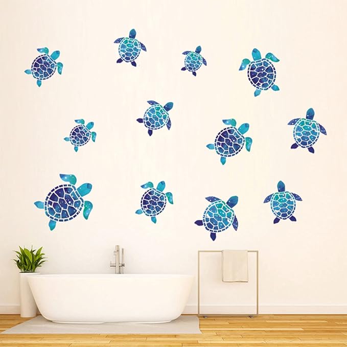 12pcs Sea Turtle Vinyl Stickers Underwater Ocean Decals Waterproof Wall Sticker Home and Bedroom Decoration, DIY Accessories, Blue-HomvellaHome