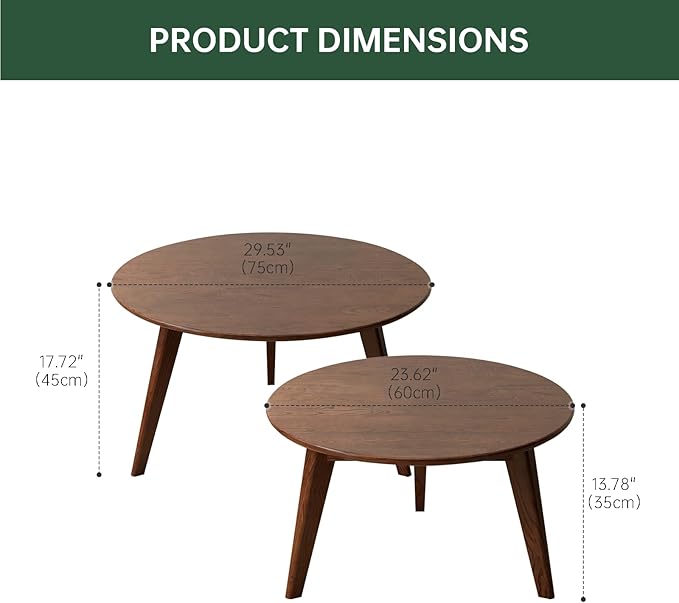 100% Solid Oak Wood Coffee Table Set, Round Coffee Table Combo Side Table w/Solid Wood Legs, Mid Century Table Sturdy Tables for Bedroom Balcony Living Room (Walnut, Big-Medium Combo)-HomvellaHome