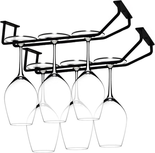10.8 Inch Black Wine Glass Rack, Under Cabinet Wine Glass Holder Stainless Steel Stemware Rack - Hanging Stemware Holder for Cabinet Kitchen Bar, Set of 2-HomvellaHome