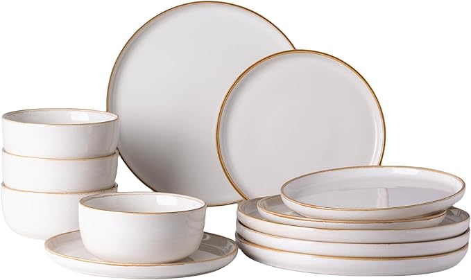 GBHOME Ceramic Dinnerware Sets for 4, 12 Pieces Stoneware Plates and Bowls Sets, Scratch Resistant Dishes, Dishwasher & Microwave Safe, Reactive Glaze-White-HomvellaHome