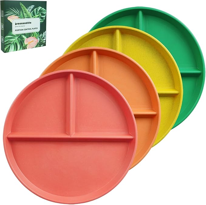 greenandlife 9 Inch 4PCS Unbreakable Portion Control Plates, Divided Plates for Kids Adults, Dishwasher & Microwave Safe Compartment Plate, Lightweight Reusable Wheat Straw Plate, BPA Free-HomvellaHome