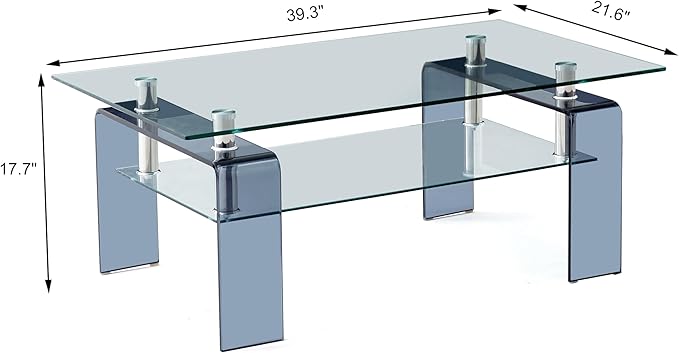 Glass Coffee Table Rectangle Living Room Center Table with Storage, Clear Tempered Glass Tabletop and Smoke Grey Leg,for Living Room and Office (Clear+Smoke)-HomvellaHome