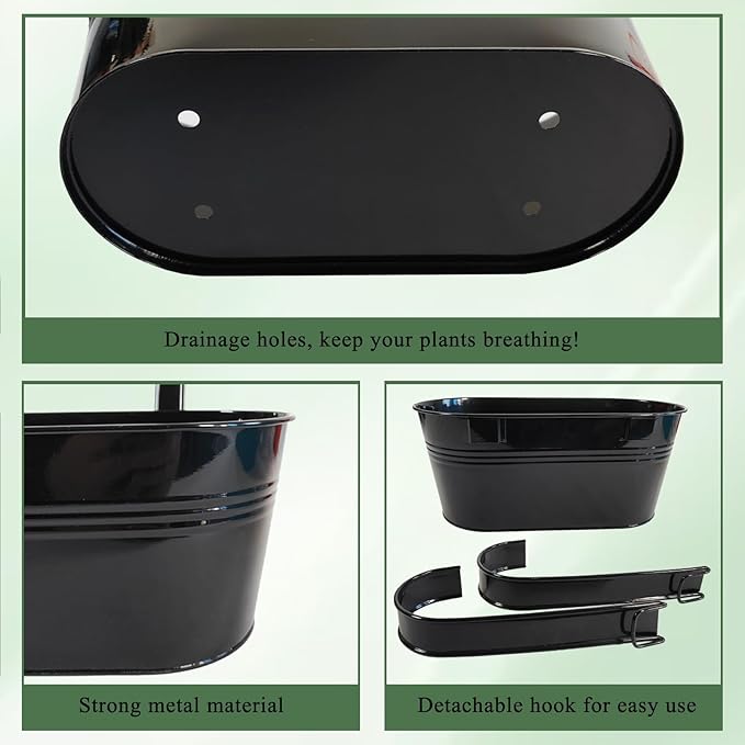 2 Pack Metal Hanging Planter for Outdoor Plants, 10 Inch Black Fence Planters Railing Pots for Garden Patio Balcony Decor, Flower Bucket with Detachable Hooks (Black, 2Pcs)-HomvellaHome