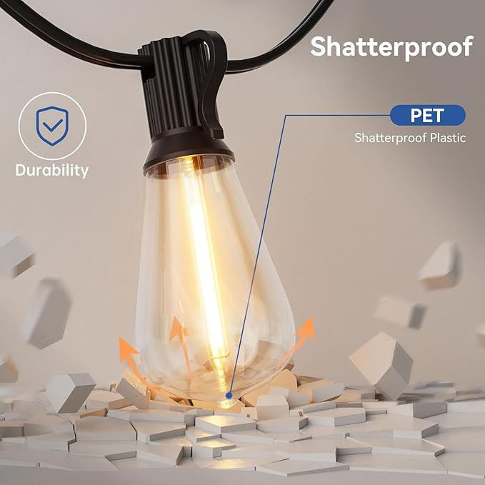 100 FT Outdoor String Lights for Outside, IP65 Waterproof ST38 LED Shatterproof Bulbs, Dimmable & Timable, 3 Light Modes, Hanging Patio Edison Lights for Porch Backyard Cafe Bistro-HomvellaHome