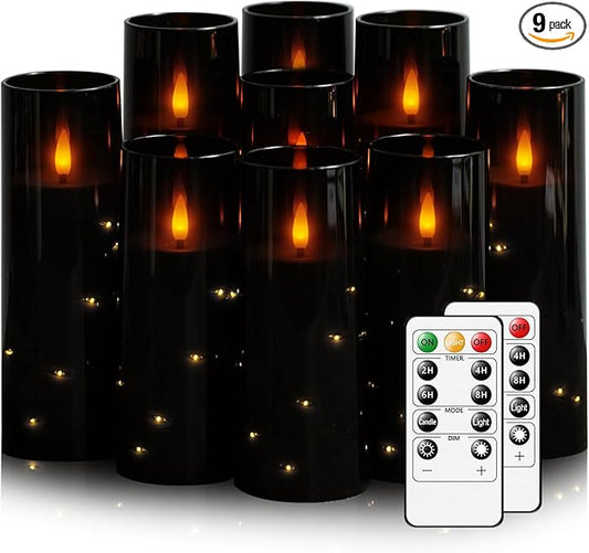 Flickering Flameless LED Candles, 9 Pcs with Embedded Star String, Acrylic LED Pillar Candles with Remote, Suitable for Home Decoration (Black)