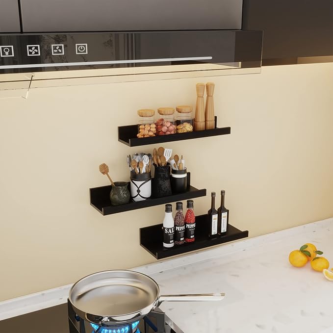 Giftgarden 16 Inch Black Floating Shelves for Wall Mount, Woodgrain Wall Shelf Ledge for Bathroom Bedroom Kitchen Living Room Office Storage, Set of 3 Different Sizes-HomvellaHome