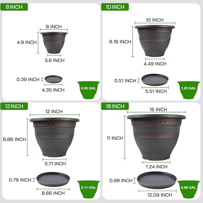 10 Inch 4 Pack Large Plant Pots, Plastic Flower Pot for Indoor & Outdoor with Drainage Holes & Saucer, Plaid Pattern Planters Garden Pots for Herbs-HomvellaHome