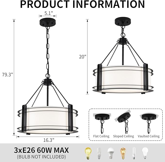 16.3''Black Drum Chandelier 3-Light Modern Farmhouse Chandelier with White Fabric Shade Adjustable Drum Pendant Light Fixture for Dining Room Kitchen Island Hallway Living Bedroom-HomvellaHome