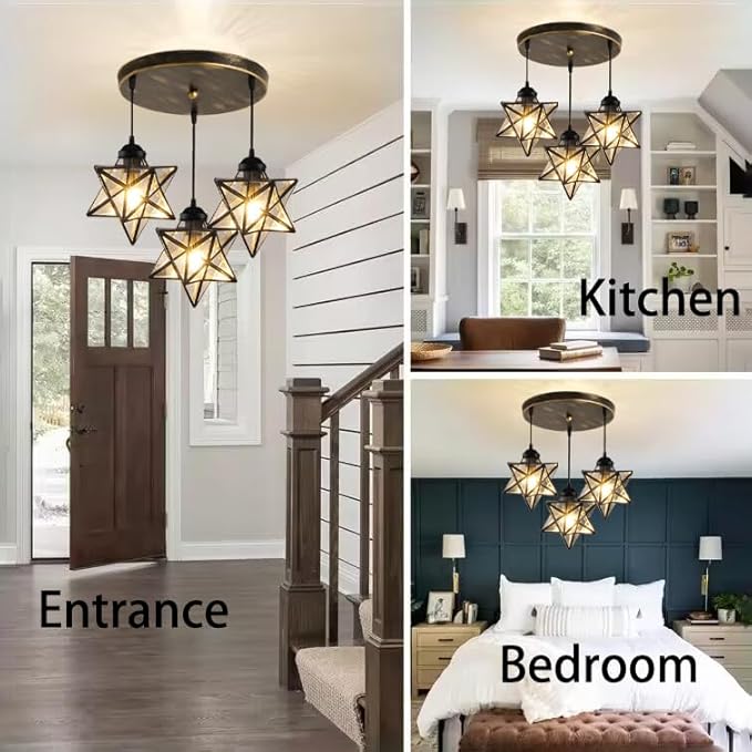 Glass Glam Chandelier Star Pendants Light Fixture Modern Elegant Ceiling Hanging Lights Included LED Warm Light Bulbs Oiled Bronze-HomvellaHome
