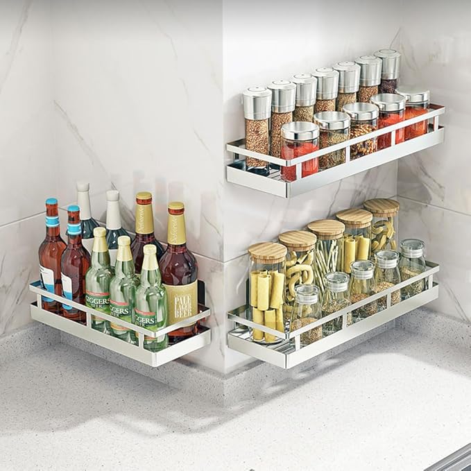 19.69Inch Spice Rack Organizer, SUS304 Stainless Steel Wall Mount Spice Rack Storage Basket, Kitchen Racks, Nail-Free Installation-HomvellaHome