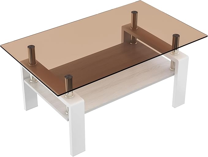 Glass Coffee Table Rectangle Living Room Center Table, with Brown Tempered Glass Tabletop and White MDF Layer,for Living Room and Office, Brown+White-HomvellaHome