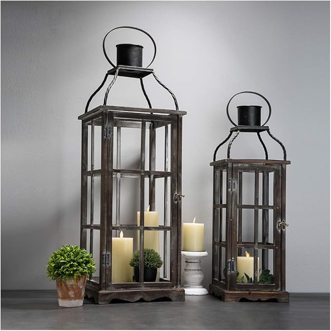 Glitzhome Farmhouse Oversized Wood Metal Lanterns Decorative Hanging Candle Lanterns Set of 2, Black (No Glass)-HomvellaHome